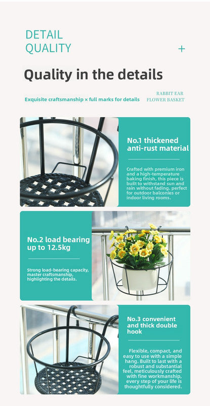 Hanging Flower Pot Holder Metal Balcony Railing Planter Basket Round Iron Rack with Mesh Bottom Fits up to 6cm Rail for Fence & Patio Black - Image 6