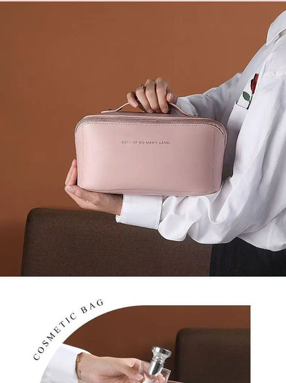 Large Capacity Travel Cosmetic Bag Portable PU Leather Pillow Pouch Waterproof Make Up Organiser Toiletry Case with Handle Apricot White - Image 2