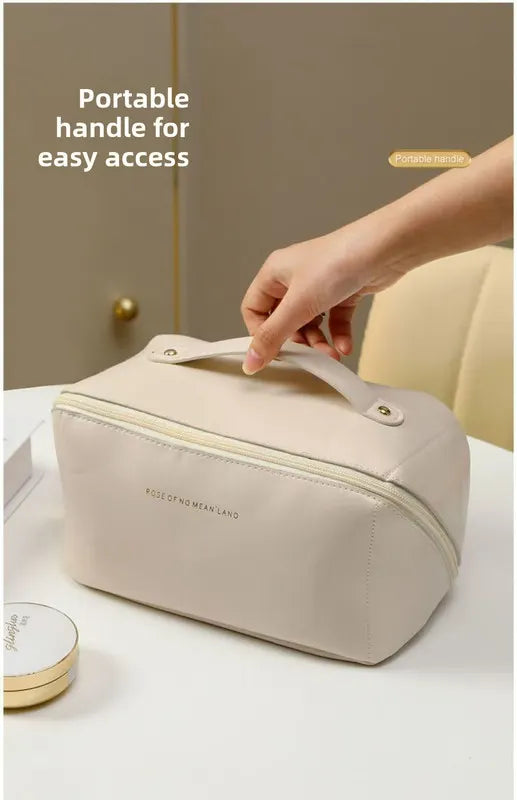 Large Capacity Travel Cosmetic Bag Portable PU Leather Pillow Pouch Waterproof Make Up Organiser Toiletry Case with Handle Apricot White - Image 4
