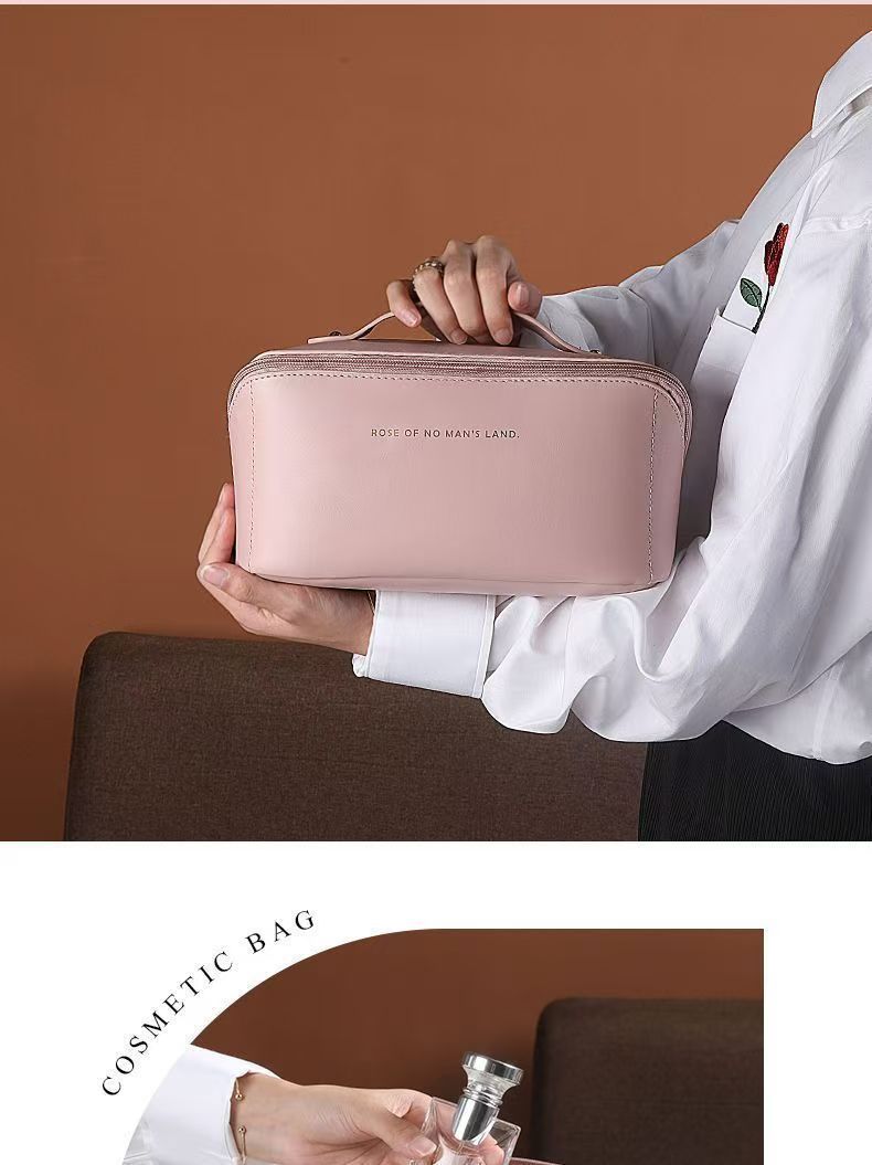 Large Capacity Travel Cosmetic Bag Portable PU Leather Pillow Pouch Waterproof Make Up Organiser Toiletry Case with Handle Classic Black - Image 2