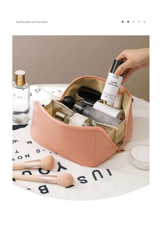 Large Capacity Travel Cosmetic Bag Portable PU Leather Pillow Pouch Waterproof Make Up Organiser Toiletry Case with Handle Classic Black - Image 3