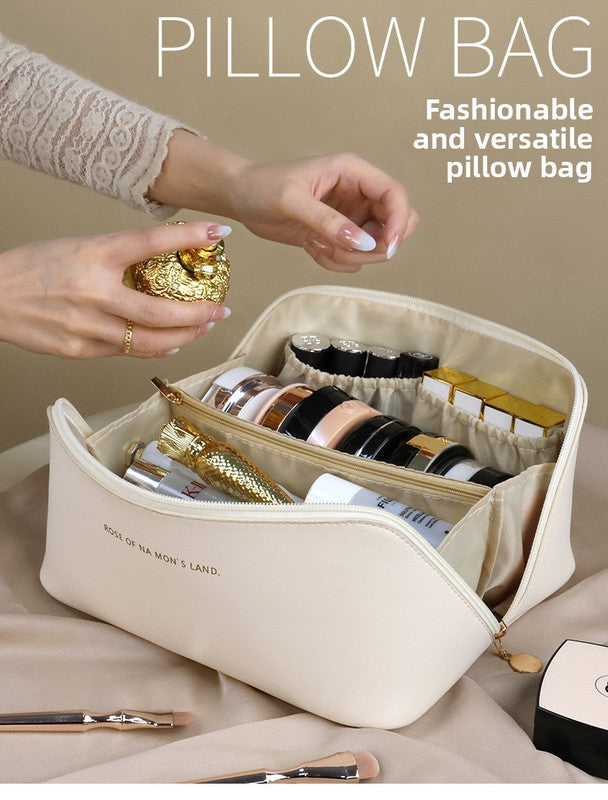 Large Capacity Travel Cosmetic Bag Portable PU Leather Pillow Pouch Waterproof Make Up Organiser Toiletry Case with Handle Classic Black - Image 5