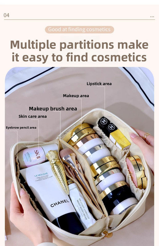 Large Capacity Travel Cosmetic Bag Portable PU Leather Pillow Pouch Waterproof Make Up Organiser Toiletry Case with Handle Classic Black - Image 9