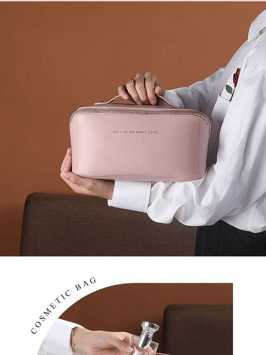 Large Capacity Travel Cosmetic Bag Portable PU Leather Pillow Pouch Waterproof Make Up Organiser Toiletry Case with Handle Mocha Brown - Image 2