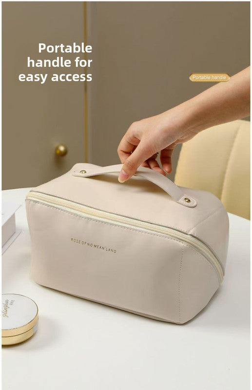 Large Capacity Travel Cosmetic Bag Portable PU Leather Pillow Pouch Waterproof Make Up Organiser Toiletry Case with Handle Mocha Brown - Image 4