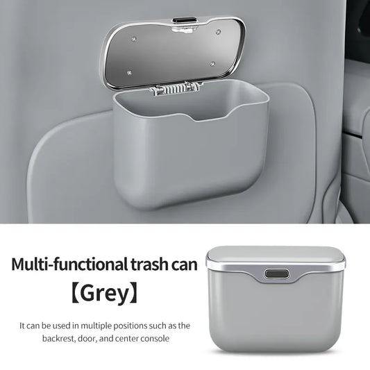 Car Trash Can Hanging Rubbish Bin with Lid Waterproof Leather Vehicle Organiser Storage Box for Door Seat Back Console Grey