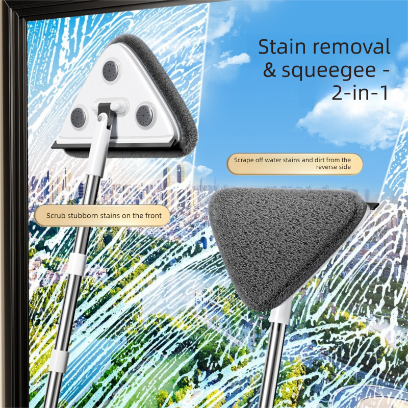 Adjustable Triangle Cleaning Mop 119cm Long Handle Window Squeegee Wall Washer Rotatable Head for Ceilings High Corners Wet Dry Use with 4 Microfibre Pads - Image 2