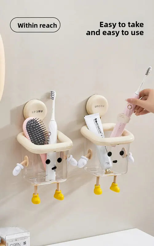 Suction Cup Bathroom Organizer Wall Mounted Toothbrush Holder No Drill Storage Caddy with Drainage for Electric Toothbrush Razor Makeup Black & Pink - Image 2