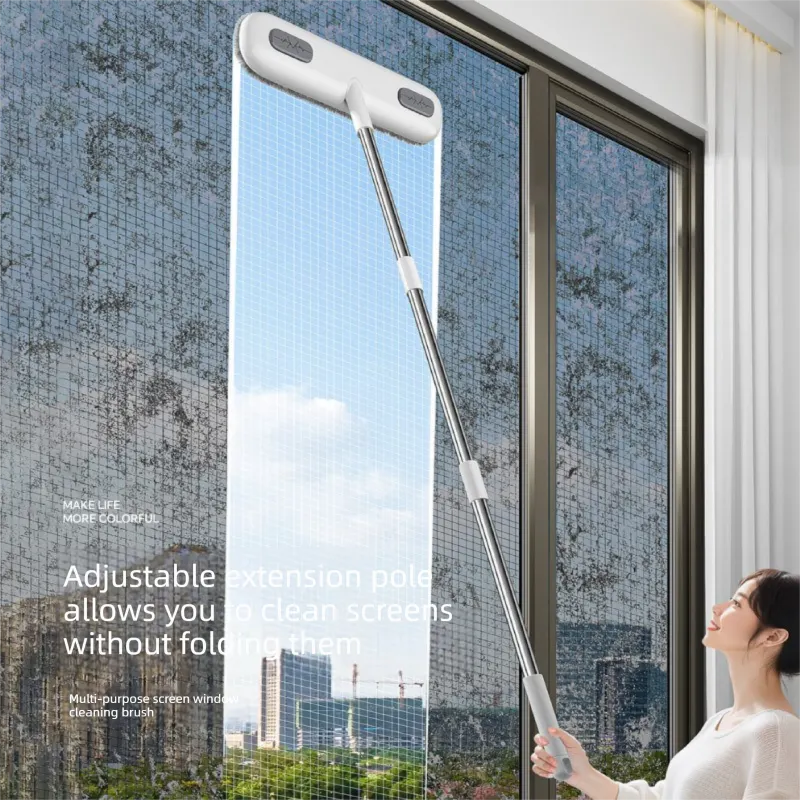 2-in-1 Window Fly Screen Cleaner Brush with Extendable 82cm Stainless Steel Handle Multifunctional Mesh Cleaning Tool for Wet and Dry Use on Glass and Carpets - Image 2