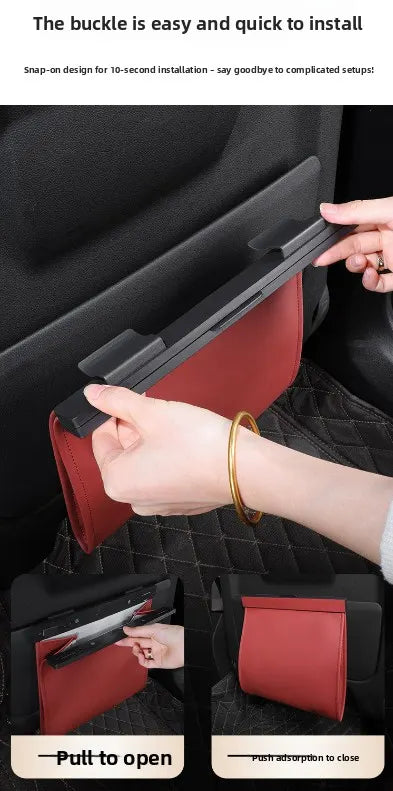 Car Trash Bag Hanging Leather Garbage Bin with Magnetic Closure Waterproof Vehicle Back Seat Organiser Leakproof Waste Storage Pocket Orange - Image 3