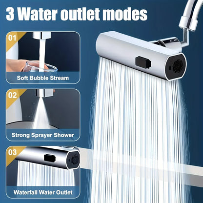 Waterfall Kitchen Tap Extender 360 Swivel Faucet Aerator Attachment 3 Spray Modes High Pressure Splash Proof Sink Nozzle with Universal Adapters Chrome Finish - Image 2