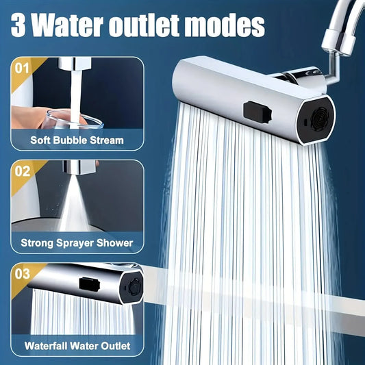 Waterfall Kitchen Tap Extender 360 Swivel Faucet Aerator Attachment 3 Spray Modes High Pressure Splash Proof Sink Nozzle with Universal Adapters Chrome Finish - Image 2