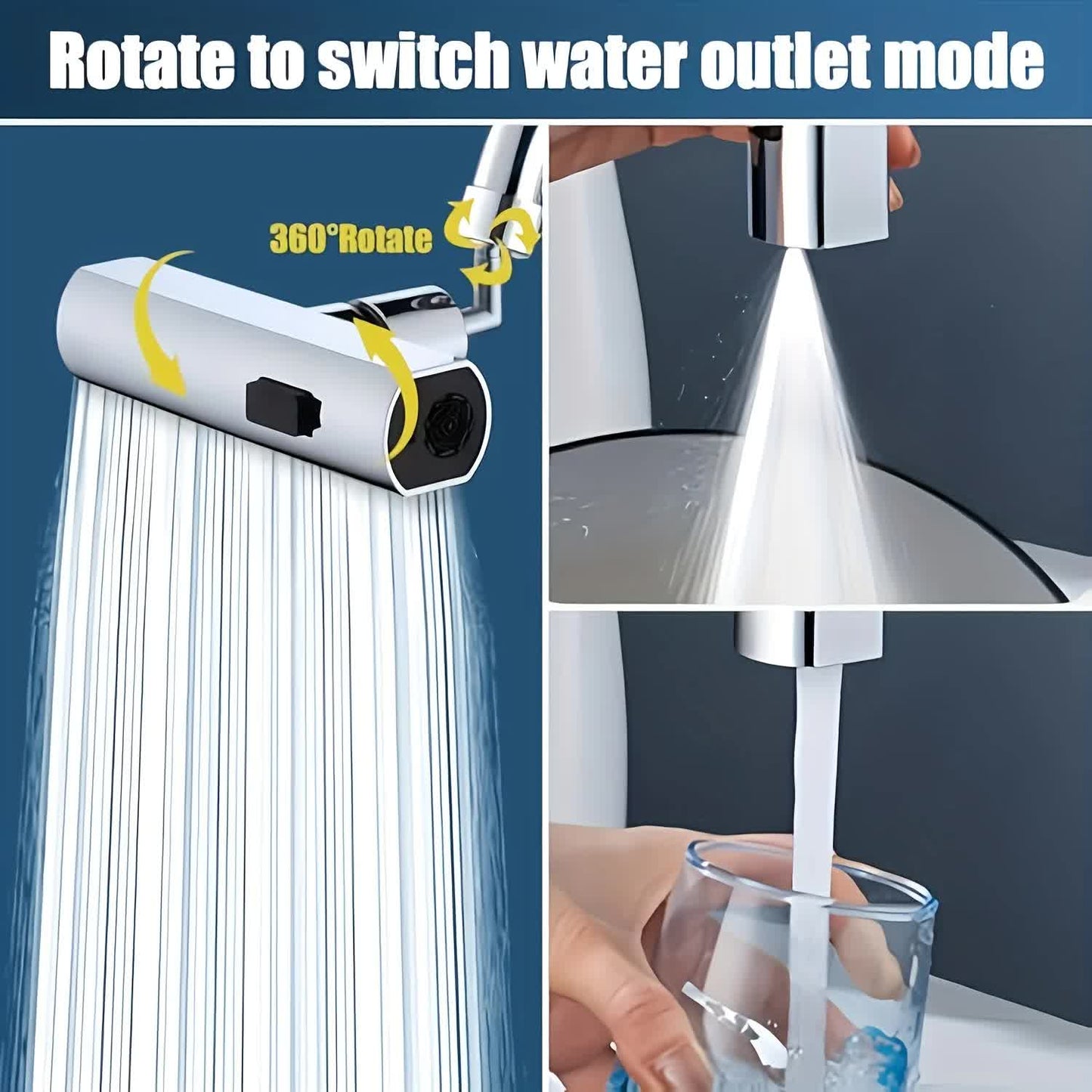 Waterfall Kitchen Tap Extender 360 Swivel Faucet Aerator Attachment 3 Spray Modes High Pressure Splash Proof Sink Nozzle with Universal Adapters Chrome Finish - Image 3