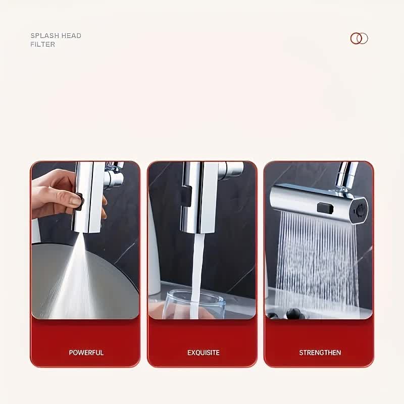 Waterfall Kitchen Tap Extender 360 Swivel Faucet Aerator Attachment 3 Spray Modes High Pressure Splash Proof Sink Nozzle with Universal Adapters Chrome Finish - Image 5