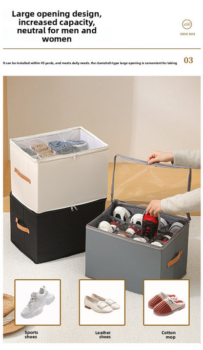 Foldable Shoe Storage Box with Clear Lid 12 Compartment Wardrobe Organiser for Sneakers Flat Sandals 600D Oxford Fabric Container with Handles Black - Image 4