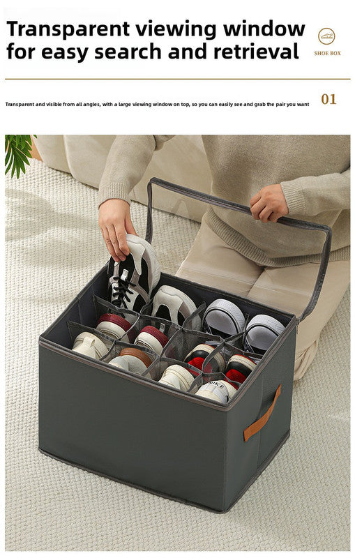 Foldable Shoe Storage Box with Clear Lid 12 Compartment Wardrobe Organiser for Sneakers Flat Sandals 600D Oxford Fabric Container with Handles Grey - Image 2