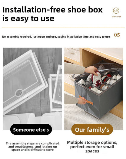 Foldable Shoe Storage Box with Clear Lid 12 Compartment Wardrobe Organiser for Sneakers Flat Sandals 600D Oxford Fabric Container with Handles Grey - Image 7