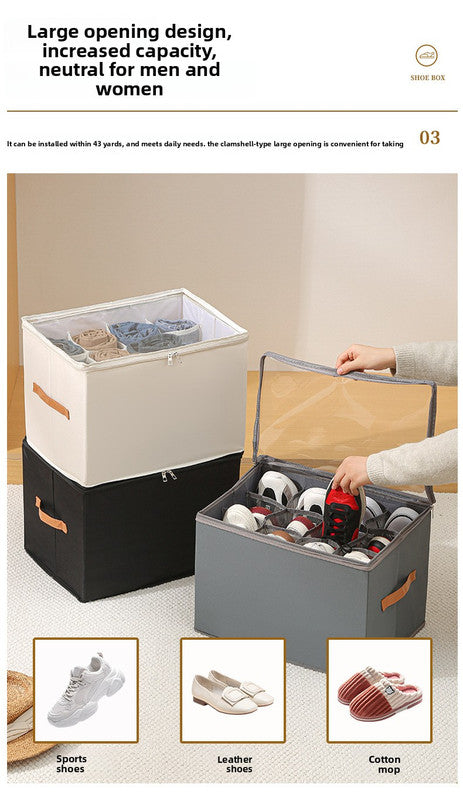 Foldable Shoe Storage Box with Clear Lid 12 Compartment Wardrobe Organiser for Sneakers Flat Sandals 600D Oxford Fabric Container with Handles Beige - Image 4