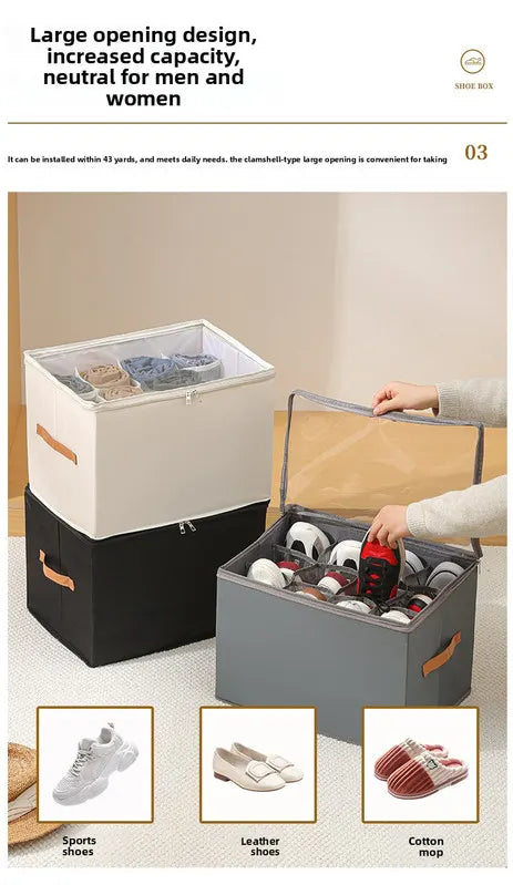Foldable Shoe Storage Box with Clear Lid 12 Compartment Wardrobe Organiser for Sneakers Flat Sandals 600D Oxford Fabric Container with Handles Beige - Image 4