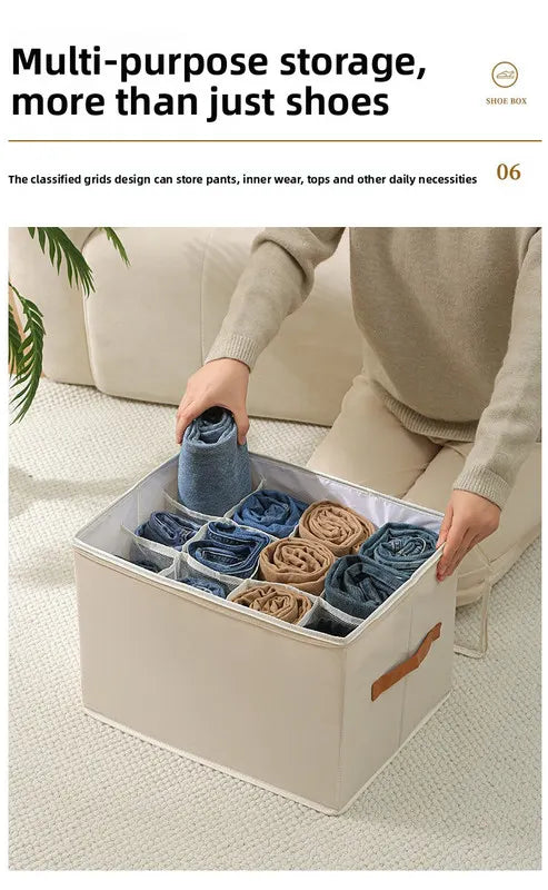 Foldable Shoe Storage Box with Clear Lid 12 Compartment Wardrobe Organiser for Sneakers Flat Sandals 600D Oxford Fabric Container with Handles Beige - Image 8