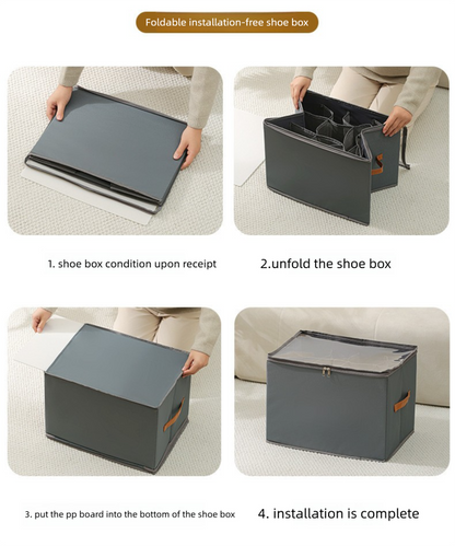 Premium Heavy Duty Shoe Storage Box 16 Grids 43cm Cube Foldable Fabric Wardrobe Organiser with Label Holder and Side Pockets Grey - Image 5