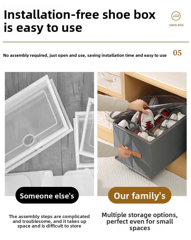 Premium Heavy Duty Shoe Storage Box 16 Grids 43cm Cube Foldable Fabric Wardrobe Organiser with Label Holder and Side Pockets Grey - Image 7