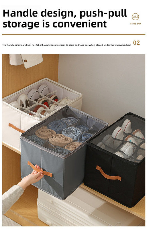 Foldable Shoe Storage Box 12 Compartments Breathable Non-Woven Fabric Wardrobe Organiser with Clear Lid Lightweight Shoe Container Black 43cm - Image 3