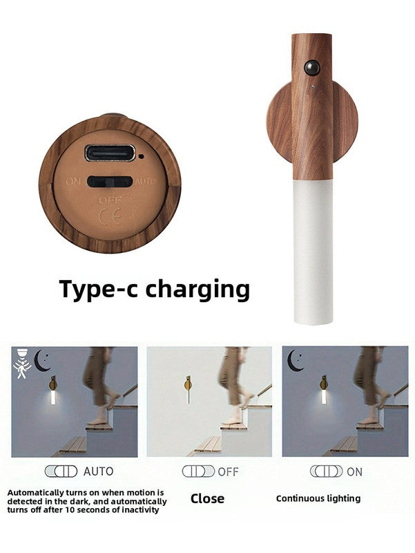 Brown Wood Grain Motion Sensor Night Light LED Rechargeable Magnetic Stick Wall Lamp Wireless Smart Batten Light for Hallway Staircase Bedroom Warm White - Image 5