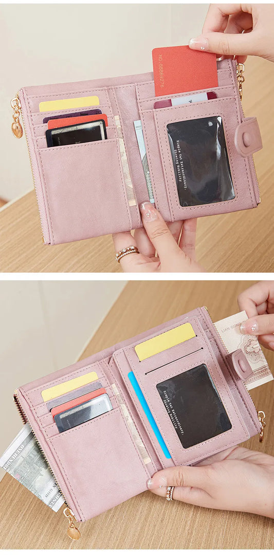 Ladies Compact Wallet Soft Vegan Leather Tri-Fold Purse Double Zipper Coin Pocket with Removable Card Holder High Capacity Multi Slots Pink - Image 2