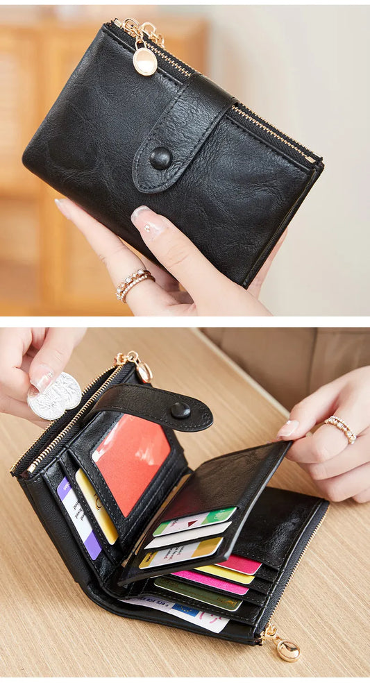 Ladies Compact Wallet Soft Vegan Leather Tri-Fold Purse Double Zipper Coin Pocket with Removable Card Holder High Capacity Multi Slots Black - Image 2