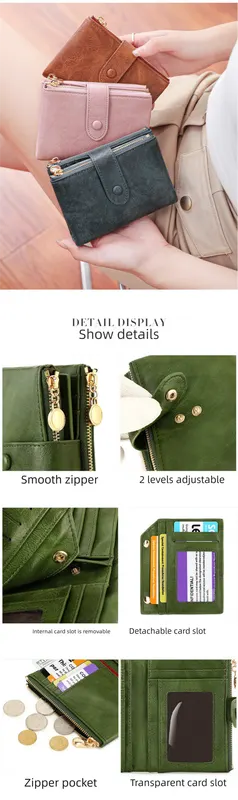 Ladies Compact Wallet Soft Vegan Leather Tri-Fold Purse Double Zipper Coin Pocket with Removable Card Holder High Capacity Multi Slots Red - Image 2