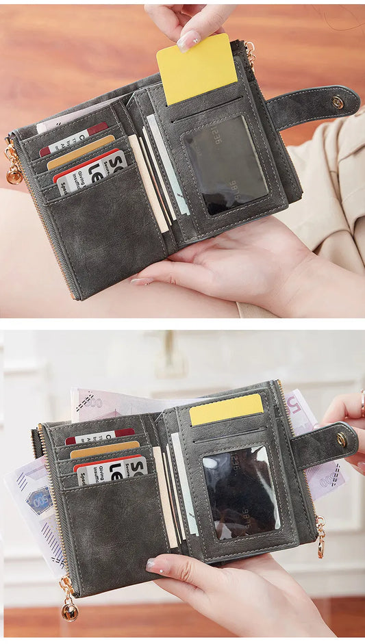 Ladies Compact Wallet Soft Vegan Leather Tri-Fold Purse Double Zipper Coin Pocket with Removable Card Holder High Capacity Multi Slots Grey - Image 2