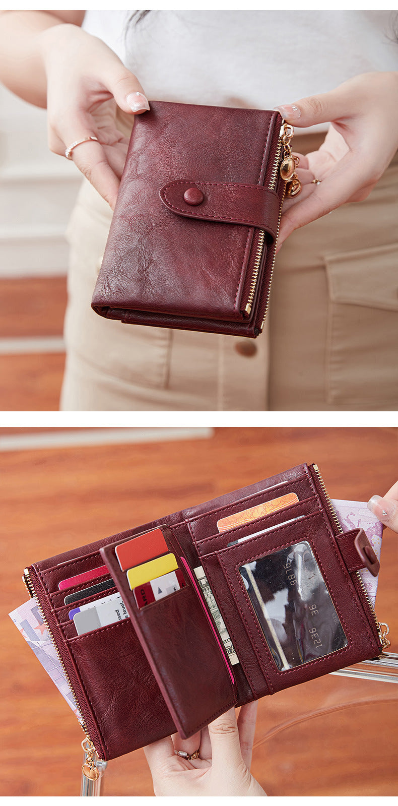 Ladies Compact Wallet Soft Vegan Leather Tri-Fold Purse Double Zipper Coin Pocket with Removable Card Holder High Capacity Multi Slots Purple - Image 2