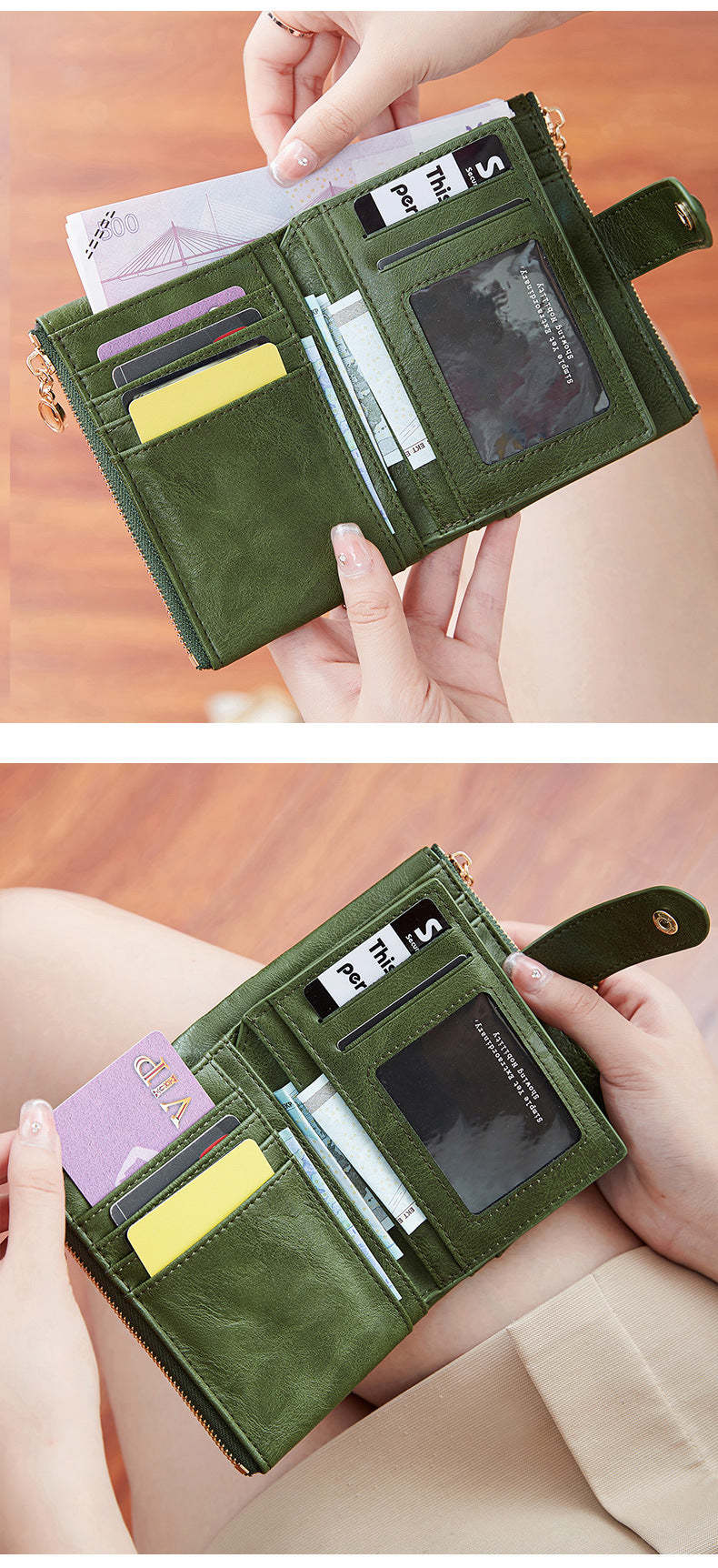 Ladies Compact Wallet Soft Vegan Leather Tri-Fold Purse Double Zipper Coin Pocket with Removable Card Holder High Capacity Multi Slots Green - Image 2