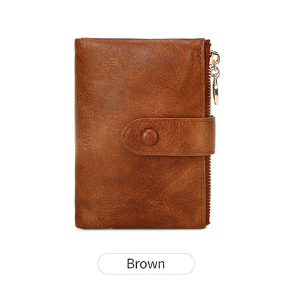 Ladies Compact Wallet Soft Vegan Leather Tri-Fold Purse Double Zipper Coin Pocket with Removable Card Holder High Capacity Multi Slots Brown