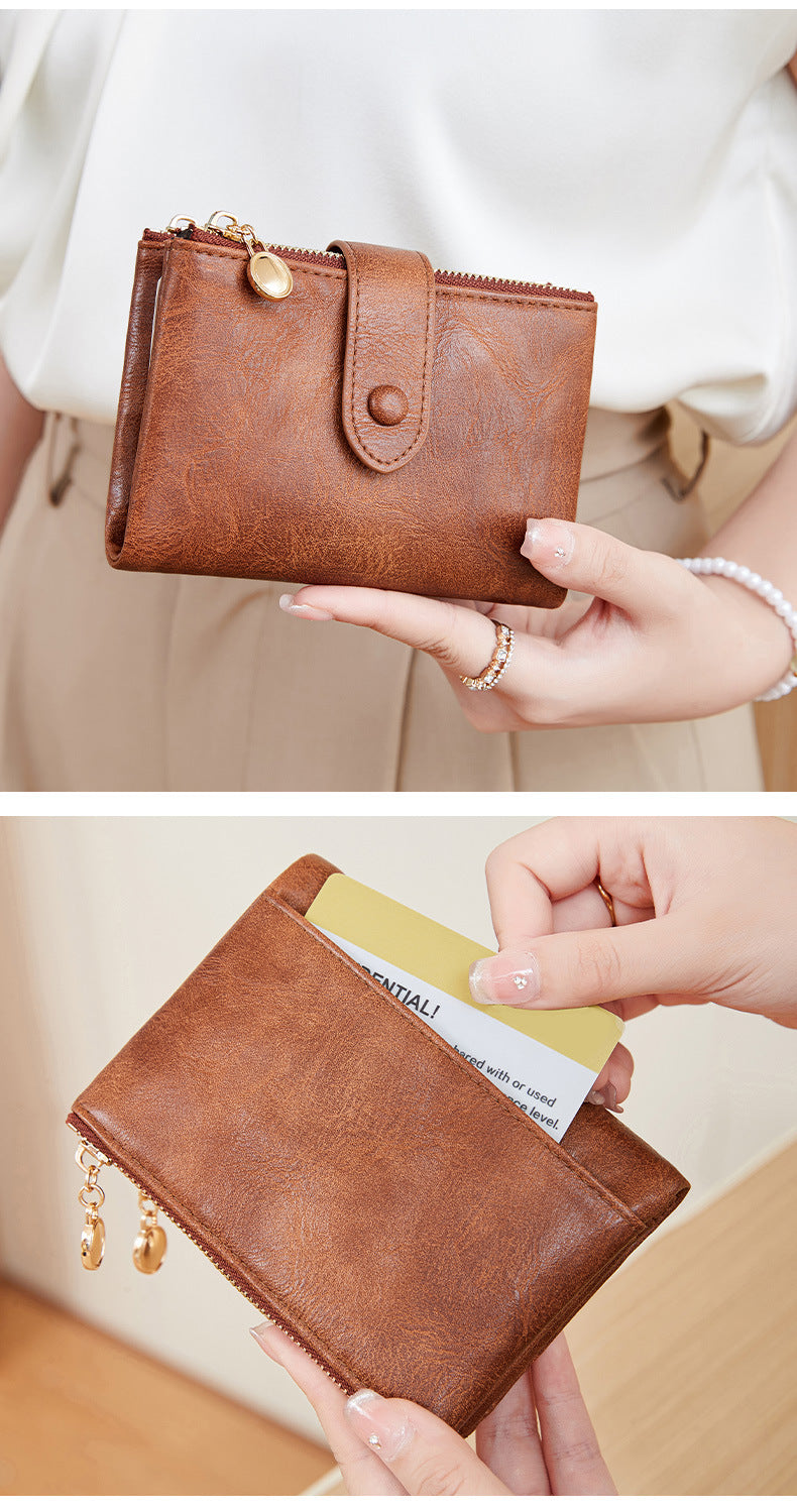 Ladies Compact Wallet Soft Vegan Leather Tri-Fold Purse Double Zipper Coin Pocket with Removable Card Holder High Capacity Multi Slots Brown - Image 2