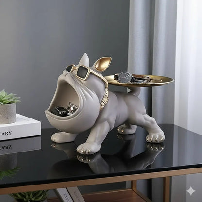 Cool French Bulldog Statue Storage Tray Grey Resin Dog Figurine Key Bowl and Candy Organiser with Open Mouth Design for Entryway Table Home Decor