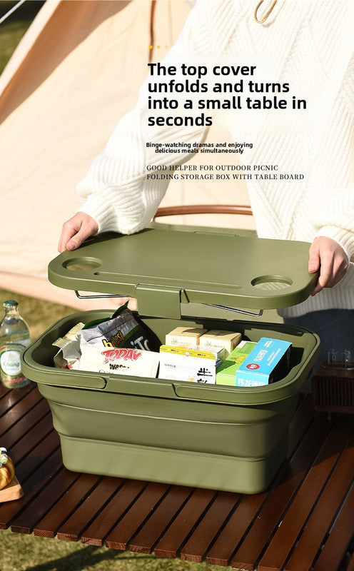Collapsible Picnic Basket with Mini Table Lid Portable Folding Storage Crate with Cup Holders and Phone Stand Multi-Functional Outdoor Camping Sink Basin Khaki - Image 4