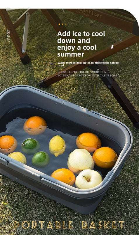 Collapsible Picnic Basket with Mini Table Lid Portable Folding Storage Crate with Cup Holders and Phone Stand Multi-Functional Outdoor Camping Sink Basin Khaki - Image 7
