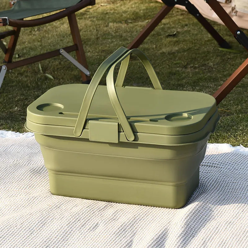 Collapsible Picnic Basket with Mini Table Lid Portable Folding Storage Crate with Cup Holders and Phone Stand Multi-Functional Outdoor Camping Sink Basin Green