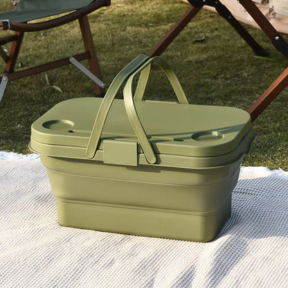 Collapsible Picnic Basket with Mini Table Lid Portable Folding Storage Crate with Cup Holders and Phone Stand Multi-Functional Outdoor Camping Sink Basin Green