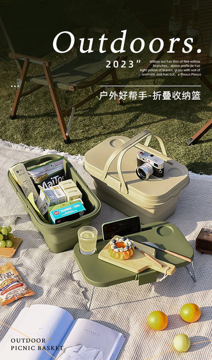 Collapsible Picnic Basket with Mini Table Lid Portable Folding Storage Crate with Cup Holders and Phone Stand Multi-Functional Outdoor Camping Sink Basin Green - Image 2