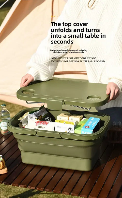Collapsible Picnic Basket with Mini Table Lid Portable Folding Storage Crate with Cup Holders and Phone Stand Multi-Functional Outdoor Camping Sink Basin Grey - Image 4