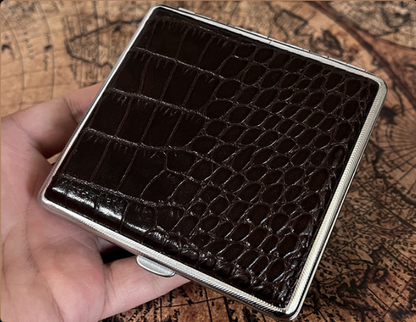 Genuine Leather Cigarette Case Crocodile Pattern Embossed Dark Brown 20 Stick Capacity Retro Vintage Style Metal Frame Hard Shell Box Mens Gift