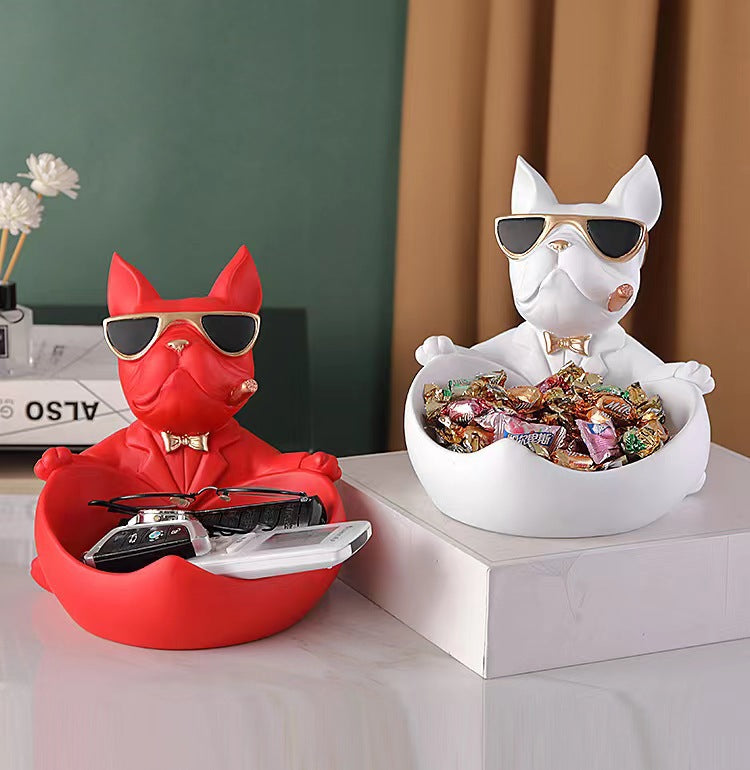 French Bulldog Pushing Wheelbarrow Storage Figurine Resin Statue Key Bowl Candy Dish Entryway Organiser Home Decor Gift Green
