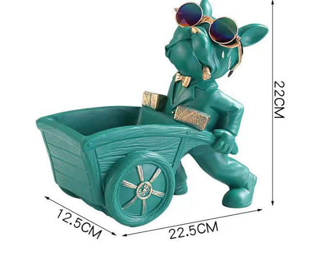 French Bulldog Pushing Wheelbarrow Storage Figurine Resin Statue Key Bowl Candy Dish Entryway Organiser Home Decor Gift Green - Image 3