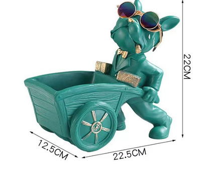 French Bulldog Pushing Wheelbarrow Storage Figurine Resin Statue Key Bowl Candy Dish Entryway Organiser Home Decor Gift Green - Image 3