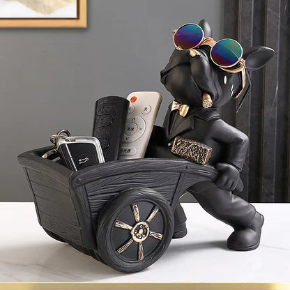 French Bulldog Pushing Wheelbarrow Storage Figurine Resin Statue Key Bowl Candy Dish Entryway Organiser Home Decor Gift Black