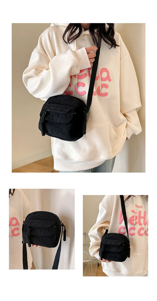 Corduroy Crossbody Bag Mini Messenger Shoulder Purse Adjustable Strap Vintage Style Casual Streetwear Phone Pouch Black - Image 2