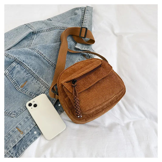 Corduroy Crossbody Bag Mini Messenger Shoulder Purse Adjustable Strap Vintage Style Casual Streetwear Phone Pouch Creamy White - Image 3